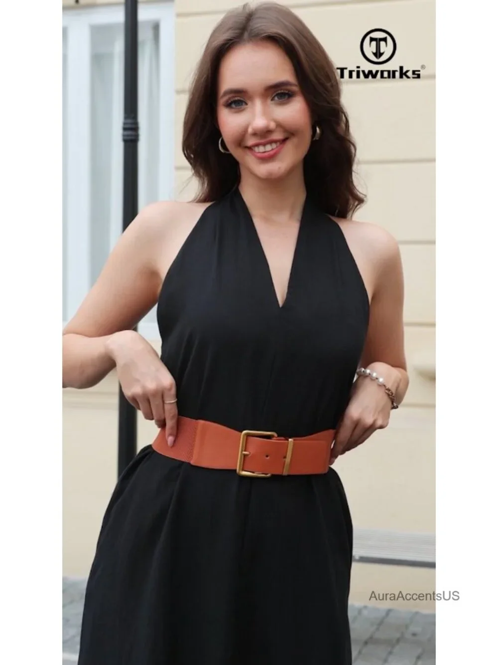 Vintage Stretchy Wide Elastic Belt with Gold Chunky Buckle for Dresses